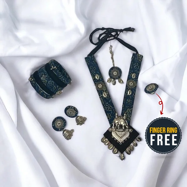 Blue Necklace, Bangles and Maang Tikka Combo with FREE Finger Ring