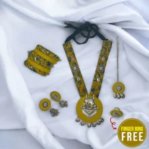Yellow Necklace, Bangles and Maang Tikka Combo with FREE Finger Ring