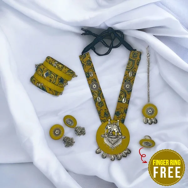Yellow Necklace, Bangles and Maang Tikka Combo with FREE Finger Ring